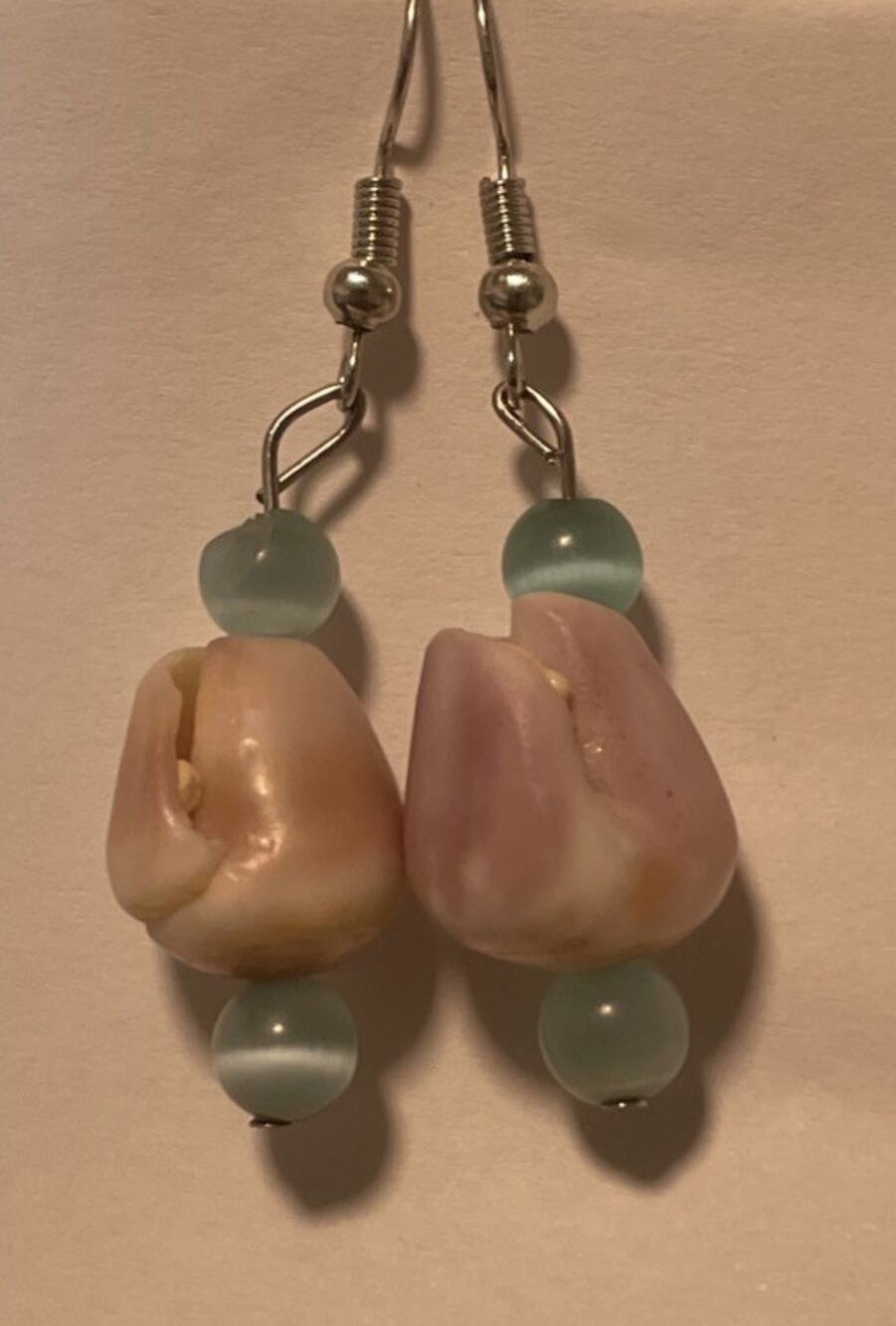 Hawaiian Handmade Pūpū Ala cone Shells and bead Dangly Earrings blue 1”